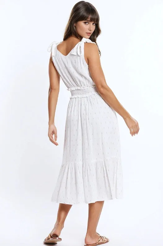 Wrapped White Midi Dress With Smock Detail At The Waist And Golden Polka Dots