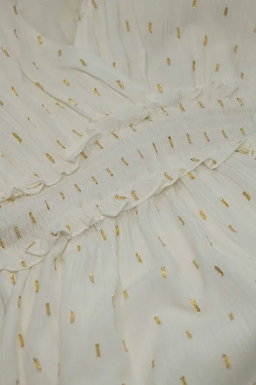 Wrapped White Midi Dress With Smock Detail At The Waist And Golden Polka Dots